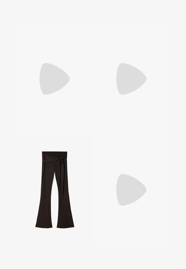White sleeveless top with adjustable straps, fitted design, smooth fabric texture, and a round neckline. No patterns or hardware details.; Black, wide-leg trousers with a high waistband and a tied fabric detail at the front, made from a smooth material.; Platform flip-flop with multicolored woven strap in orange and pink. Textured tan footbed and ridged outsole in brown, pink, and coral stripes.; Brown woven leather tote bag with knotted handles, carried by a person in light blue jeans and black chunky shoes. Smooth, textured surface.; Two gold rings are displayed, one thick and rounded, the other thin and flat. Both feature a smooth, shiny surface with a polished finish.