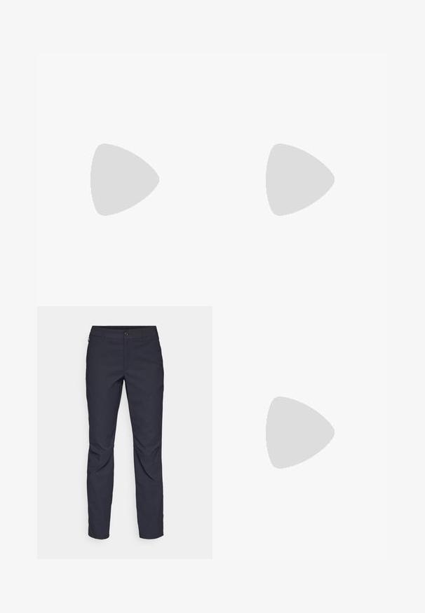 Black t-shirt with short sleeves, round neckline, and a smooth texture. Features a small pink "icebreaker" logo on the front.; Navy blue pants made of smooth fabric, featuring a front button closure, slim-fit design, and creased detailing at the knees.; Black hiking boot with a mid-top design, featuring a textured upper, gray accents, and durable rubber sole with traction lugs.; Black Columbia Titanium backpack with a smooth fabric texture, side pockets, top handle, and adjustable straps. Minimalist design with subtle branding.