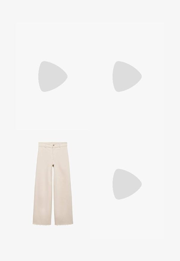 Red off-the-shoulder top made of a stretchy fabric, featuring draped detailing and a fitted silhouette, paired with brown trousers.; Beige wide-leg jeans with a high waist, featuring a button closure, front pockets, and frayed hem. Made of denim fabric.; Navy leather wedge sandals with a braided jute platform. Features a wide strap design and adjustable ankle buckle for secure fit.; Beige fabric tote bag with a unique triangular shape, wide shoulder straps, and visible seam details for added structure.