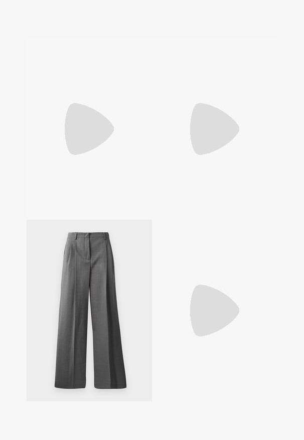 White short-sleeve t-shirt made of cotton with a round neckline and simple cut. Tags display "DESIGNERS REMIX" inside the collar.; Gray, wide-leg trousers made from textured fabric with a subtle pattern. Features front pleats and a waistband with belt loops.; Stuart Weitzman Boots - black; Gold metal frame sunglasses with green lenses, round shape, thin temples, and white plastic accents on the tips of the arms.; Black canvas tote bag with black leather handles. Simple design, spacious body, and a smooth texture. No visible logos or patterns.