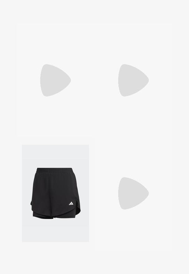 Svart ribbete tanktopp med tynne hvite striper, med rund hals og brede skulderstropper. Glatt tekstur, figurnær design.; Svarte treningsshorts med elastisk midje, lagdelt design, innvendige tettsittende shorts, og en hvit logo nederst til venstre.; Løpesko med et lett mesh-overdel i hvitt, akzentuert av grå striper. Sålen har en liten kurve og neongule detaljer.; Solbriller med svart og hvit ramme, store speil-linser i gull- og rosa nyanser, aerodynamisk design og utvidet ytterkant.