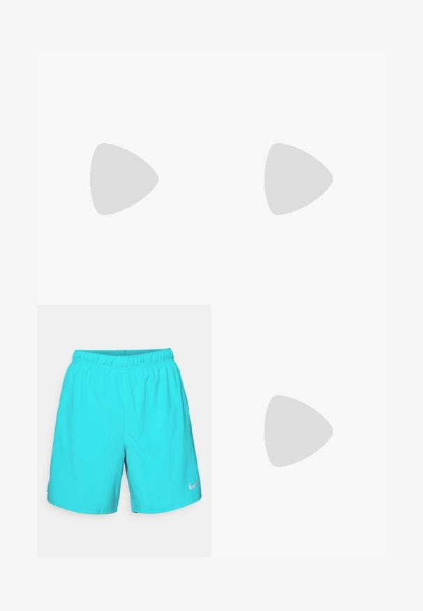 Debajo azul de deporte hecho de un tejido transpirable, con escote redondo, tirantes anchos y un pequeño logo blanco en la parte frontal.; Shorts turquesa de Nike con cintura elástica, textura suave y un pequeño logotipo plateado en la parte inferior derecha de la pierna.; Zapatilla deportiva blanca con parte superior de malla, sobrecapas de textura suave, acentos en gris, cordones y una suela acolchada diseñada para el rendimiento.; Gafas de sol con montura blanca, detalles grises y lentes espejados azules. Diseño deportivo, forma envolvente y almohadillas para la nariz ajustables.