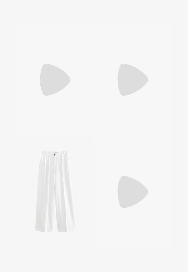 Top sin mangas blanco hecho de tela acanalada, con un escote redondeado y un logo negro en la parte delantera. Diseño sin mangas con una silueta ajustada.; Pantalones de pierna ancha blancos, confeccionados con un tejido ligero. Cuentan con cierre de botón, dos bolsillos laterales y un corte holgado.; Zapato blanco de encaje con tiras al tobillo, tacón bajo y grueso, y diseño de punta afilada. Forro interior suave, parte superior de encaje texturizado y detalle de hebilla.; Gafas de sol negras con un elegante marco rectangular y un acento de logotipo dorado en el lateral. Las lentes oscuras y el acabado brillante son prominentes.