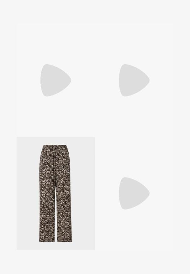 Valge puuvillane T-särk lühikeste varrukatega. Esiküljel on must tekst "LOVE" koos loomade trükiga ja punane huuleprint vasakul küljel.; Leopardimustriga püksid on musta ja beeži värviga, neil on elastne vöökoht ja sirge jalgade disain. Valmistatud pehmest ja kergest kangast.; Mustad musta lakknahk kingad, millel on terav varvas ja geomeetriline plokkkonts. Omab elegantselt minimalistlikku disaini ja sujuvat tekstuuri.; Mustast nahast kott sujuva tekstuuriga, ristkülikukujuline ja kahe pika sangaga. Pole nähtavat riistvara ega kaunistusi.