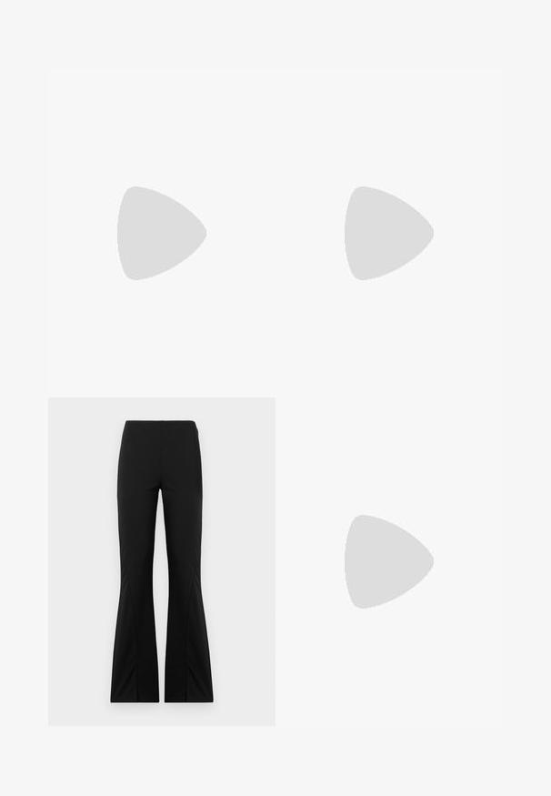 Ilgi piedurknēm, īsa polo krekla piegriezums, izgatavots no ribota, mīksta rozā auduma. Tam ir apkakle un poga pašķiršanās ar četrām pogām un ruffle apakšmalu.; Melni izplekti bikses, izgatavotas no elastīgas auduma, ar gludu tekstūru, pielāgotu piegriezumu un sadalītu apakšmalu dizainu.; Baltās ādas kedas ar perforētu purngalu, teksturētu zoli un baltām auklām, apvienotas ar platām sarkanām biksēm un zilu un dzeltenu fona.; Bežs rokassoma, izgatavota no mīksta materiāla, ar brīvu dizainu, izšūtu apdari un divām plecu siksnām. Piemērota ikdienas lietošanai.