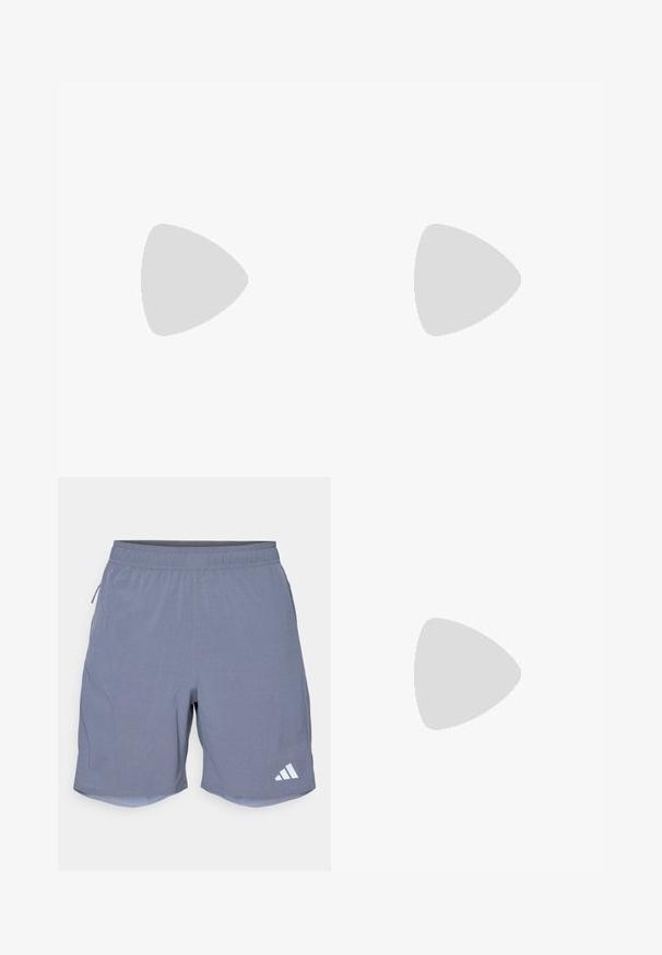 Ermeløs trenings-topp i lys kremfarge, med abstrakte blå og korallfargede sirkler. Laget av pustende stoff med rund hals.; adidas Performance Sports shorts - onix; Lette løpesko i lys blå med svarte striper. Har en myk overdel, rund tå og tykk hvit mellomsole merket "LIGHTSTRIKE PRO."; Svart atletisk hodebånd med en glatt tekstur, buet form og elastisk topp. Har en liten hvit Adidas-logo på siden.