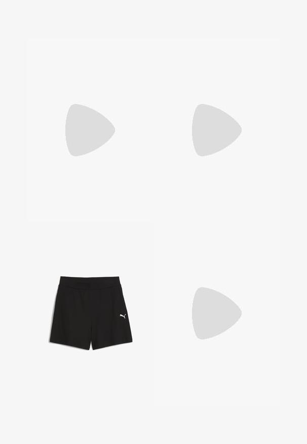 Musta urheilullinen hihaton paita, jossa on istuva malli, kontrastiväriset olkaimet, joissa on "PUMA"-brändäys, ja pieni valkoinen logo rinnassa.; Mustat shortsit, jotka on valmistettu ribbimäisestä kankaasta, laaja joustava vyötärö ja pieni valkoinen Puma-logo vasemmassa alareunassa.; Valkoiset paksut lenkkarit, joissa on teksturoitu päällinen, verkkomaiset paneelit ja paksut kumipohjat, joissa on merkittävä kuviointi. Nauhat ja vetotappi mukana.; Musta käsilaukku pehmeästä, teksturoidusta materiaalista. Sen muotoilu on aaltoileva, siinä on yksi olkahihna ja edessä on huomaamaton logotieto.