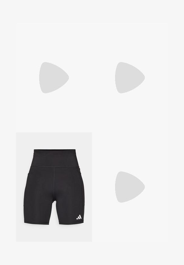 Gray ribbed tank top with a crew neckline, paired with matching high-waisted leggings, featuring a smooth texture and form-fitting design.; Black athletic shorts made of stretchy fabric. High waistband, mid-thigh length, with white three-stripe logo on the lower left side.; Black athletic shoes with white stripes, yellow toe accents, and textured uppers. Features a cushioned sole and black laces.; Black Oakley wraparound sunglasses with dark rectangular lenses and curved arms on a plain white background.