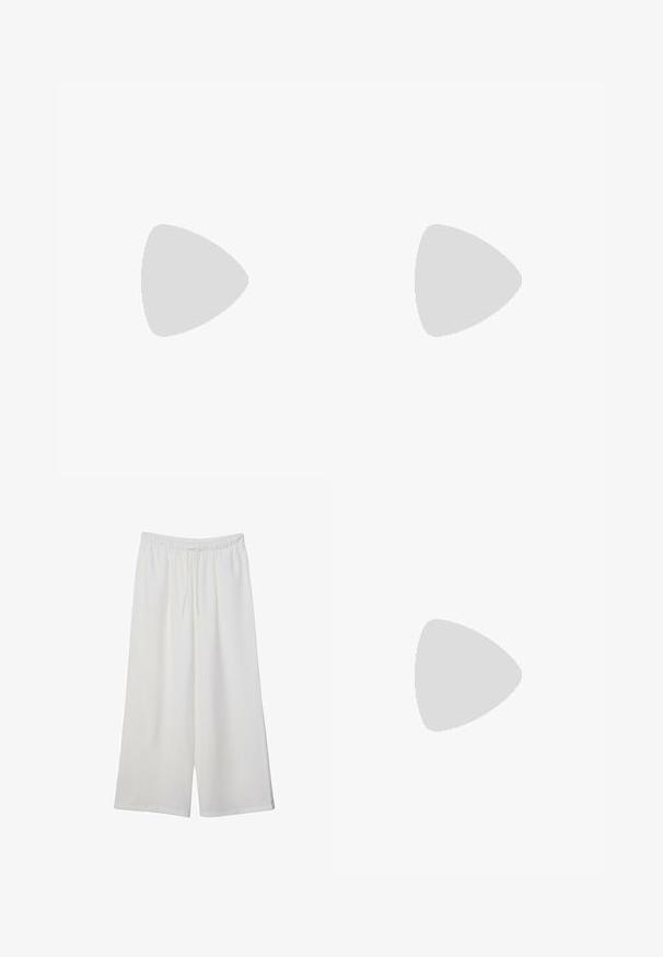 Gray cotton t-shirt with short sleeves featuring an eagle graphic and checkered flags. The design includes the text "RVCA" and a slogan below.; White wide-leg trousers made of lightweight fabric, featuring an elastic waistband and a drawstring for adjustable fit. Smooth texture.; Even&Odd Trainers - white/black; Black leather handbag with a curved shape, detachable strap, and gold hardware. The bag features a flap with a buckle detail.