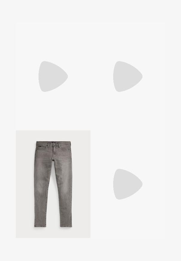 Vit bomullströja med rund halsringning och korta ärmar. Har en liten, marinblå polo-logotyp på vänster bröst. Slät textur, avslappnad passform.; Grå denimjeans, slim fit, med raka ben. Har klassisk femficksdesign, sömnadsdetaljer och lätt urblekt textur.; Marina och vita läder sneakers med mockadetaljer, rund tå, platt gummisula och logotypdetalj på sidan. Lättviktsdesign.; Bruna skilpaddssolglasögon med ovala linser och mörkgrå ton. Har en accent i guldton på bågarna. Slät plastyta.