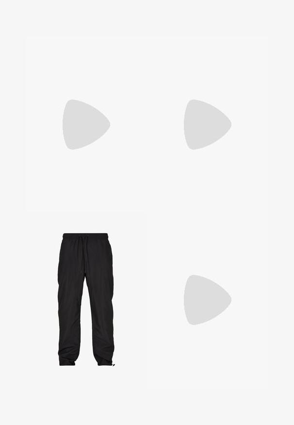 Black and gray short-sleeve T-shirt with diagonal color blocking and contrasting stitching. Features a crew neck and small logo detail.; Urban Classics Tracksuit bottoms - black; White athletic shoes with textured overlays, a chunky sole, and gray accents. Worn with white crew socks and green shorts on a blue surface.; Black rectangular sunglasses with dark lenses, wide frame, and slender black arms. Features a logo on the temples. Smooth texture.
