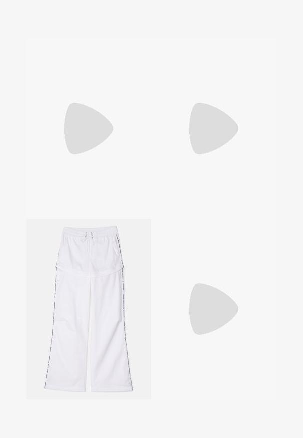 Purple cotton t-shirt with short sleeves, featuring a circular sun graphic and the text "LE SOLEIL" in purple ink on the front.; White wide-leg pants with an elastic waistband and drawstring. Features side stripes with text and a relaxed, soft texture.; Chunky white sneakers made of textured mesh and synthetic materials, featuring a thick sole and intricate pattern details along the sides.; Silver metallic handbag with a structured shape, featuring a top handle and bow detail on the front. Smooth texture, reflective finish.