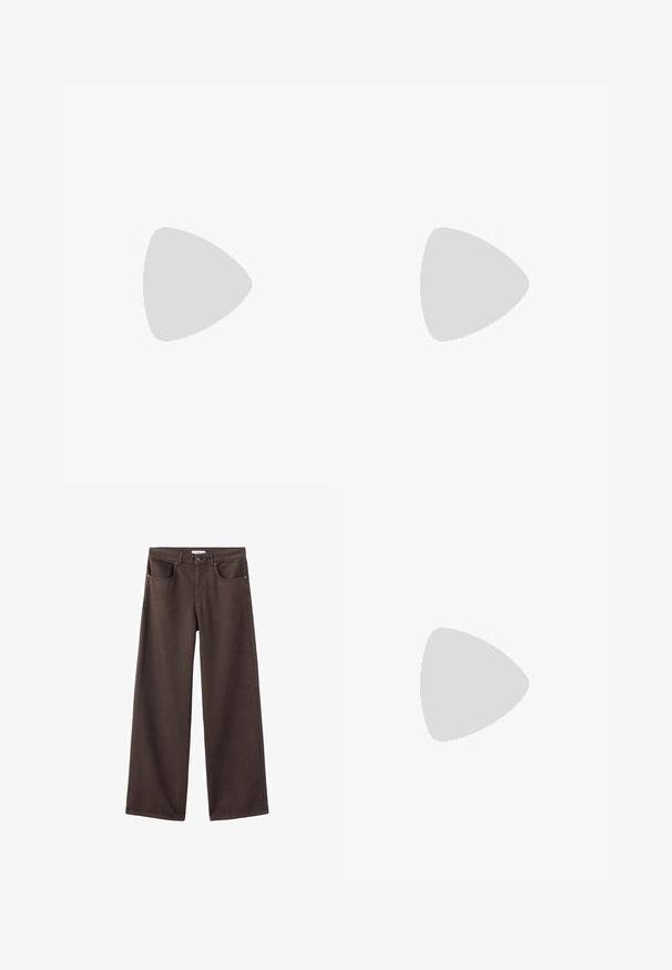 Polo shirt a maniche lunghe marrone realizzato in tessuto leggero, con colletto, patta con bottoni e polsini a coste.; Pantaloni in denim a gamba larga di colore marrone scuro, con tasche frontali, vita standard e design classico a cinque tasche. Tessuto morbido e resistente.; Mango Scarpe senza lacci - black; Occhiali da sole neri con lenti ovali, montatura in plastica lucida e stecche sottili. Presentano il logo Ray-Ban in bianco sul lato.