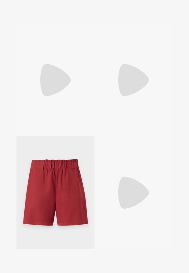White t-shirt featuring a graphic print of two figures in blue and pink coats, set against a soft, muted background. Short sleeves and relaxed fit.; Red shorts with an elastic waistband, featuring a relaxed fit and smooth cotton texture. Hems are straight with no visible patterns or accents.; Red patent leather slingback heels with a pointed toe, two buckle straps, and a slim, mid-height stiletto heel. Smooth texture.; Black leather handbag with a curved shape, detachable strap, and gold hardware. The bag features a flap with a buckle detail.