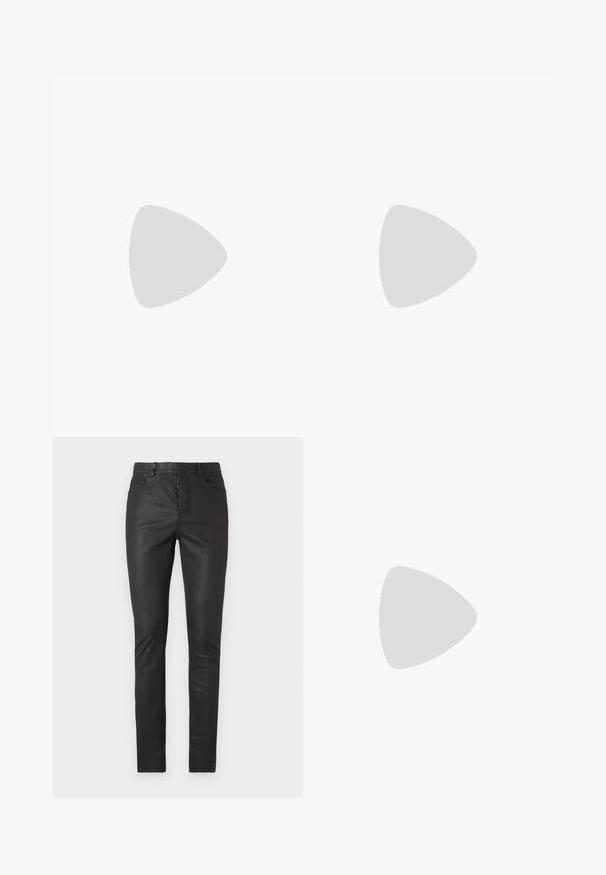 Gray short-sleeve t-shirt made of cotton, featuring bold black lettering "DON DUP" and "ITALIAN" in a modern font. Round neckline, relaxed fit.; Black slim-fit faux leather pants with front button, zipper, and five-pocket design, displayed against a white background.; White leather sneaker with a textured finish, round toe, beige rubber sole, and six grey lace eyelets, featuring subtle branding on the side.; Square sunglasses with a brown tortoiseshell frame, green lenses, and decorative metal accents on the temples. Textured arms.