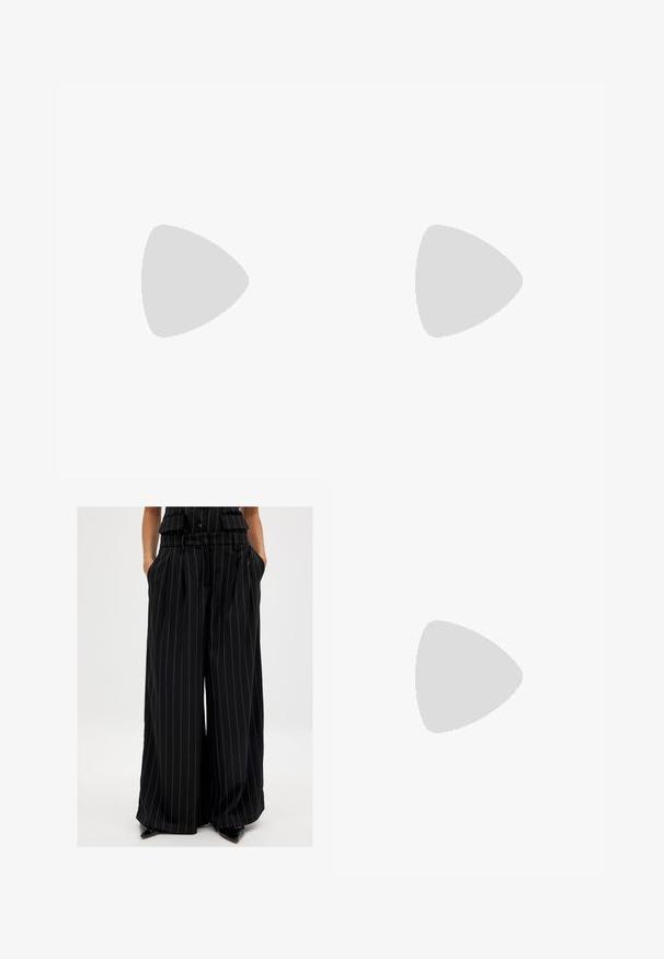 Sleeveless gray knit top with a draped cowl neckline. Textured fabric and a relaxed fit, featuring straight hemline and minimal detailing.; Black wide-leg trousers made from a smooth fabric with vertical pinstripes. Features a belted waist and side pockets.; Silver slingback flats with a pointed toe and low heel. Glossy patent finish with cutout design on the sides and adjustable buckle strap.; Black leather handbag with a smooth texture, minimalistic design, and a single, curved shoulder strap. Open top, no visible hardware.