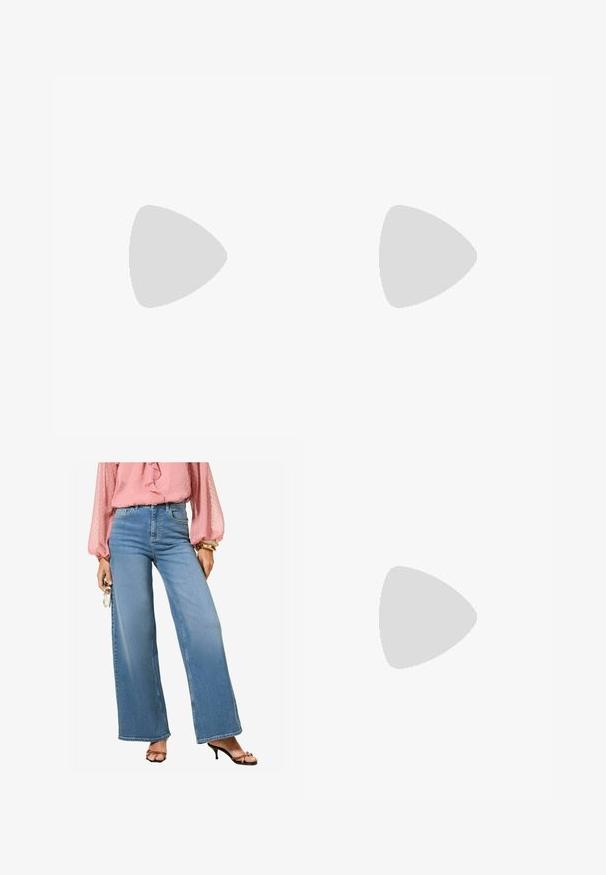 Tmavomodrozový čipkový materiál s prepracovanými vzormi a jemným, textúrovaným povrchom, ktorý predvádza rôzne stupne priehľadnosti a detailnú výšivku.; Svetlo modré vysoko pásované široké nohavice z denimu s klasickým povrchom. Skombinované s ružovou blúzkou s volánikmi a čiernymi sandálmi na vysokom opätku.; Hnedé kožené baletky s zaoblenou špičkou a malým blokovým podpätkom. Obsahujú tenkú mašľu vpredu a jemné švy.; Bordová kožená taška na šnúrku s retiazkou, s zhromaždeným vrchom, metalickými prvkami a detailom loga na spodnej strane. Hladký, lesklý povrch.