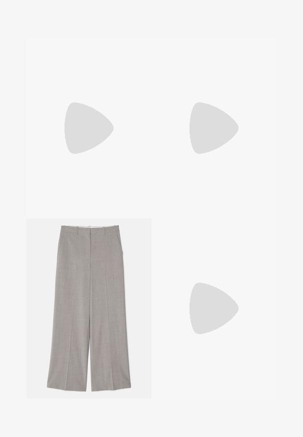 Rodebjer CISNE  - Long sleeved top - black; Light gray wide-leg trousers in a smooth, textured fabric. Features include side pockets and a tailored fit with a straight cut.; Black leather slip-on mules with a pointed toe, gathered texture, and a small kitten heel. Features a drawstring detail at the opening.; Small black leather handbag with a rounded shape, top handle, and removable strap. Worn with black fabric dress and black pleated shoes.