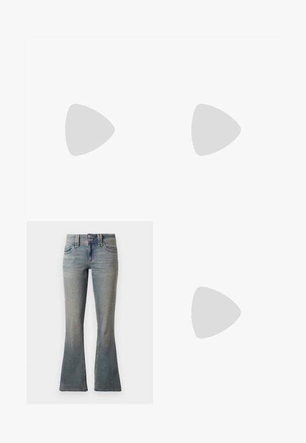 Camisola mint zelene barve s cvetličnim potiskom, tankimi nastavljivimi naramnicami, čipkastim robom in širokim dnom. Lahkotno bombažno blago.; Svetlo modri široki džinski hlače iz denima. Imajo dva sprednja žepa, zaponko na gumb in diskretno zbledelost po tkanini.; Črne lakaste sandale z visokimi petami, z dvema trakovoma z zaponkama, kvadratnim sprednjim delom in masivno širšo peto, z gladko, sijočo teksturo.; Črna usnjena torbica s ukrivljeno obliko, z odstranljivo naramnico in zlatimi dodatki. Torbica ima pokrov s podrobnostmi v obliki zaponke.