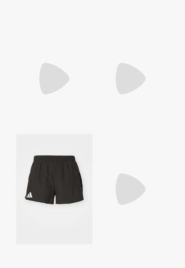 Črna kratkosleeve majica za šport, izdelana iz gladkega materiala, z okroglim izrezom in diskretnim logotipom na prsih.; Črne športne kratke hlače iz lahkega materiala, z elastičnim pasom, stranskimi žepi in belim Adidasovim logotipom na levi nogi.; Lahki tekaški čevlji v svetlo modri barvi z belimi črtami. Imajo gladek zgornji del, okroglo kapico in debel bel srednji podplat z označbo "LIGHTSTRIKE PRO."; Sončna očala z ovitim dizajnom, modro-in-purpuarnimi zrcalnimi lečami, zelenim okvirjem in značilnimi poševnimi rokavi.