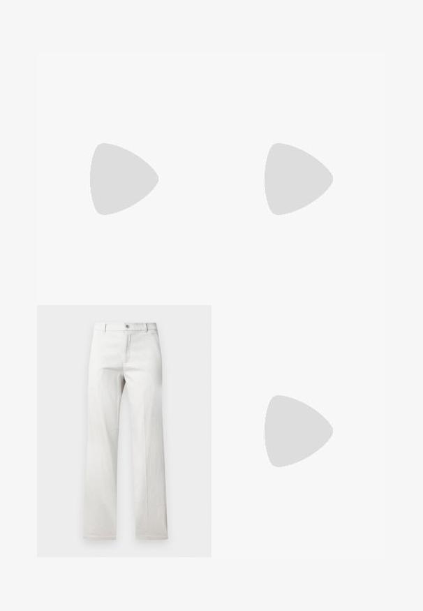 Vihreä verkkomainen tanktoppi, jossa on pyöreä kaula-aukko, hihaton muotoilu ja teksturoitu kangas, johon on printattu ruudukkomuotoilu.; Harmaat suorat housut, valmistettu sileästä kankaasta, joissa on etupainike ja sivutaskut.; Tummanharmaa mokkanahkainen nilkkuri, jossa on pyöreä kärki, nauhakiinnitys edessä sekä paksu musta kumipohja, jossa on teksturoitu pito. Minimalistiset muotoiluelementit.; Musta kangaskassi, jossa on valkoinen yin-yang sydän -grafiikka. Kaksi kestävää kahvaa helppoa kantamista varten. Yksinkertainen suorakulmainen muotoilu.