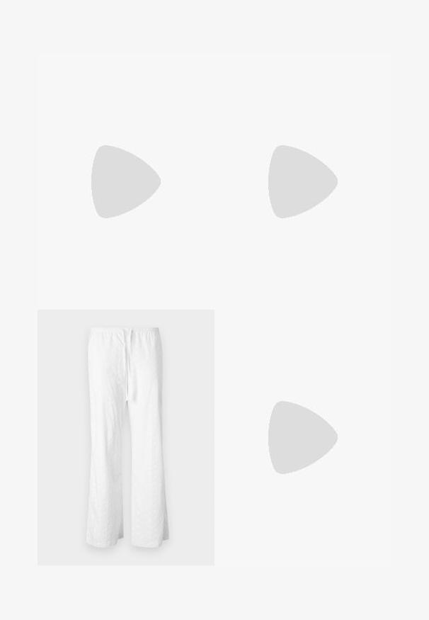 Top azul-marinho com ombros à mostra, textura estriada e pequeno padrão floral em azul claro. Design justo que acentua a forma, mangas curtas.; Calças brancas com um design largo, apresentando um padrão texturizado e uma cintura elástica com cordão. Tecido liso e leve.; Sandálias brancas de salto alto com um salto robusto, apresentando um design com tiras e amarração no tornozelo. Textura suave com uma plataforma na frente para altura adicional.; Mala sintética branca com formato triangular, aba frontal plana e detalhe de laço, alça ajustável, textura suave e design minimalista.