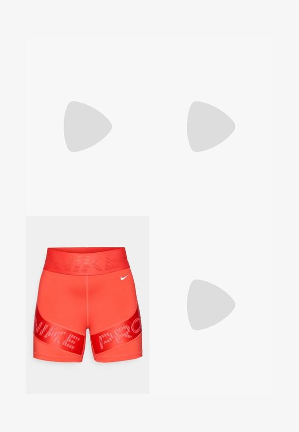 Pink sleeveless athletic top with a round neckline, side slits, and embroidered logo on the chest. Made from smooth, stretchy fabric.; Bright red Nike Pro compression shorts with wide waistband featuring "NIKE" text and small white Nike swoosh on front right side.; Running shoe with a lightweight cream upper, blue branding, and orange accents on the sole. Mesh texture for breathability.; White-framed sunglasses with large, gradient lenses featuring a pink to light orange tint, accentuated by a blue nose piece and logo detail.