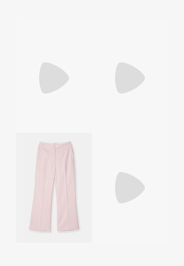 Long-sleeve, cowl-neck top in soft light yellow fabric, featuring a relaxed fit and draped design, paired with light blue jeans.; Light pink, wide-leg trousers with a flat front, featuring a single button closure and side pockets, made from a smooth fabric.; Black leather ballet flat with a rounded toe, smooth texture, minimal stitching detail, and a flexible sole design.; Brown leather handbag with a flap closure, gold-tone hardware, a shoulder strap, and a smooth texture. Compact rectangular shape.