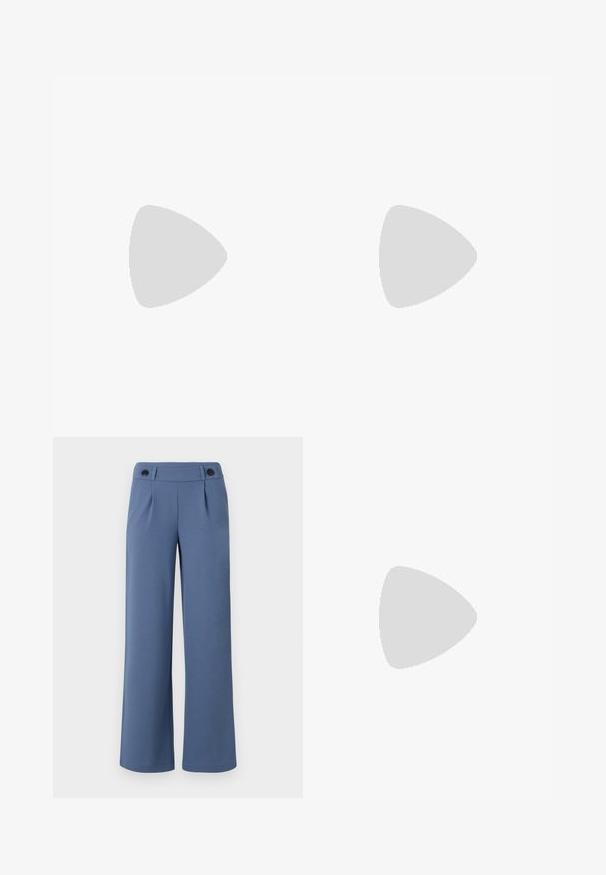 VILA VITORTENA O NECK - Top - birch; Blue wide-leg trousers made from smooth fabric, featuring a flat front, two pleats, and two black buttons on the waistband.; Black leather slingback shoe with a pointed toe and a slim, curved heel. Features a discrete adjustable strap with a metal buckle.; Gina Tricot TOP HANDLE BAG - Handbag - buttercream