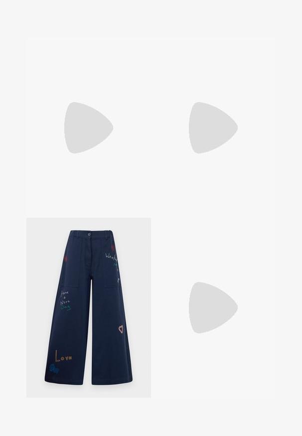 Light yellow short-sleeve t-shirt with a round neckline, soft texture, standard fit, and a small brand tag near the hem.; Navy blue wide-leg pants in cotton with multiple pockets. Features colorful embroidered text and graphics including hearts and playful phrases.; Paul Smith TOPANGA - Ballet pumps - black; Brown leather handbag with a flap closure, gold-tone hardware, a shoulder strap, and a smooth texture. Compact rectangular shape.