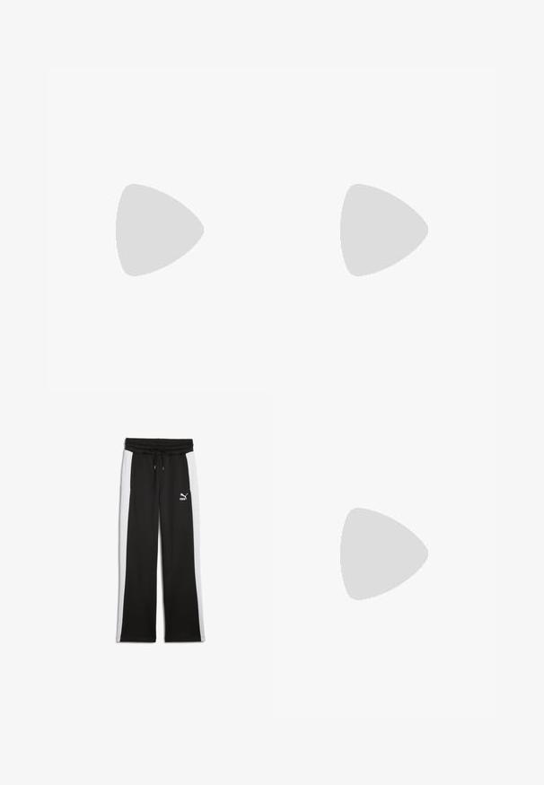 Camiseta corta de manga con cuello redondo en crema, hecha de algodón, que presenta un atrevido logo dorado de "PUMA" y una gráfica de un puma saltando impresa en el frente.; Pantalones de chándal negros con rayas blancas en los laterales, hechos de una tela suave. Cuentan con una banda elástica en la cintura con cordón y un pequeño logo.; Zapatilla negra con parte superior de suave piel sintética, diseño con cordones, suela de goma gruesa y logo PUMA grabado en el lateral.; Gafas de sol con forma ovalada, montura de plástico transparente, lentes gris oscuro y patillas delgadas y transparentes con acentos de logotipo y un diseño minimalista.