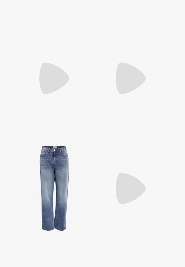 BDG Urban Outfitters KNOCKOUT BABY - Ilgarankovis viršutinės dalies drabužis - black; Šviesiai mėlynos džinsinės plačios kojos kelnės su aukšta liemenėle, priekinėmis kišenėmis ir užtrauktuku. Yra išblukusi plovimo spalva ir nebaigti galai ties kulkšnimis.; Šviesiai pilki sportbačiai, pagaminti iš zomšos ir tinklinės medžiagos, su trimis baltais dryžiais, apvaliu pirštu ir guma padu. Auksinė logotipo detalė šalia raištelių.; Žalios spalvos tankų marškinėliai su nėrinių detalėmis pečių ir iškirpės srityje, pasižymintys prigludusia forma ir minkšta medžiaga. Derinami su šviesios spalvos kelnėmis.