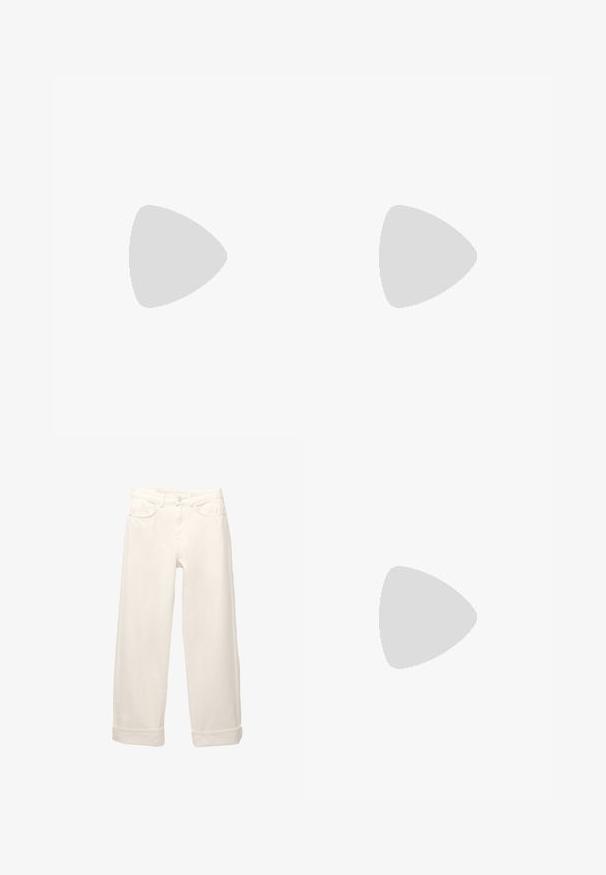 Knit sweater featuring cream and black horizontal stripes, short puff sleeves, a ribbed neckline, and eyelet patterns throughout.; White denim wide-leg pants with a high waist, featuring five pockets, a button closure, and rolled cuffs. Smooth texture and classic design.; Lightweight running shoe featuring a white mesh upper with silver accents, cushioned sole, and textured rubber outsole for grip.; Brown suede hobo bag with a curved shape, single shoulder strap, zip closure, and smooth texture. Simple design with minimal hardware details.