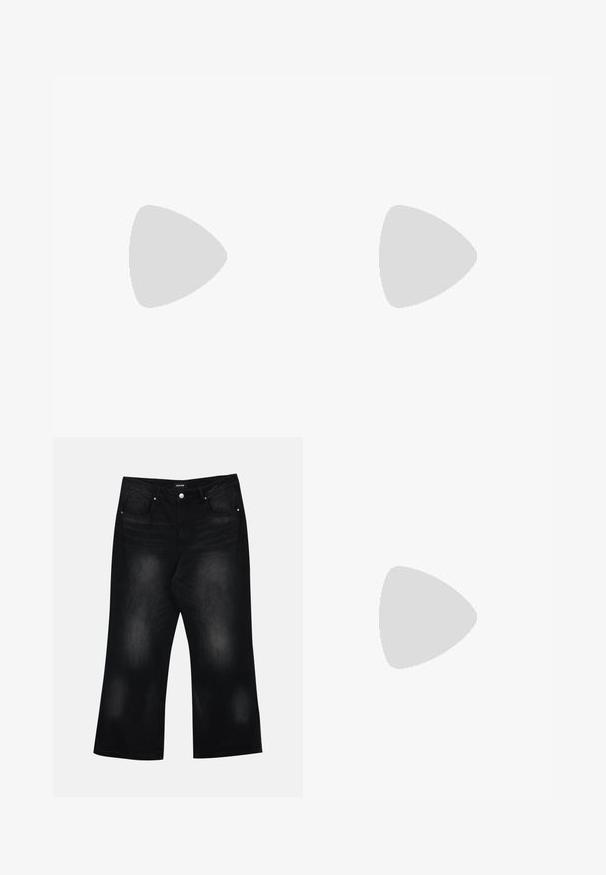 Must värviline pika varrukaga henley särk, millel on kolmepaneelne nööpide rida kaela juures, pehme tekstuur ja soonikkoes varrukad, klassikalise lõike ja minimaliseeritud disainiga.; Mustad laiade säärega teksad, mis on valmistatud denimist, koos kahe esipocketi, peene hägususe ja nupuga sulgemisega vööl.; Mustad sandaalid tekstureeritud kangast pealsega, laiad rihmad, metallist kinnituse aktsendid ja paks kummist tallaga, millel on lõhkumismuster.; Hallikate nahast vöö kott, millel on ümar kuju, kaks tõmblukuga taskut ning reguleeritav rihm. Varustatud metallist detailide aktsentidega.