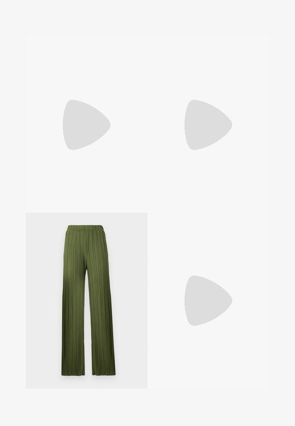 Short-sleeve, light pink t-shirt made of textured knit fabric with a round neckline and vertical ribbed pattern.; Green, pleated wide-leg pants with an elastic waistband. The textured fabric features vertical stripes for a flowing appearance.; Beige heeled sandals with a block heel, strappy design, and adjustable ankle strap, made of smooth synthetic material with a matte finish.; Brown leather tote bag with a smooth texture, open top design, and two shoulder straps. Features minimal stitching and no visible hardware.