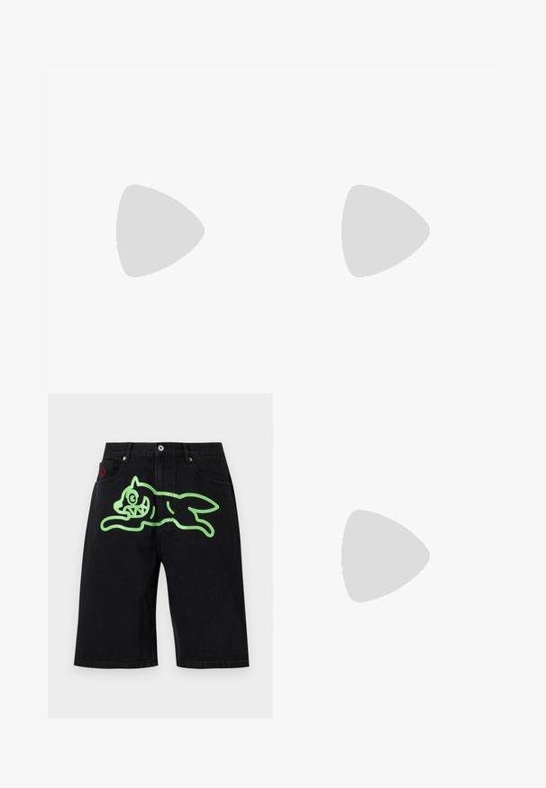 Icecream JUMBO RUNNING DOG - Print T-shirt - black; Icecream RUNNING DOG  - Denim shorts - black denim; Black leather loafers with a smooth texture, rounded toe, and a decorative strap across the vamp. Low stacked heel, minimalist design.; Black round sunglasses with dark lenses and slim metal arms. Includes clear temple tips and silver accents at the hinge. Minimalist design.