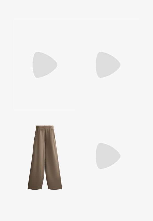 Black long-sleeve cropped top with a V-neck, made of smooth fabric, featuring a ribbed hem and fitted design.; Brown wide-leg pants with an elastic waistband, made of smooth fabric, featuring side pockets and a straight, loose-fitting design.; Black athletic sneaker with a textured knit upper, white midsole, and visible air cushioning detail. Features black laces and a pull tab.; Brown leather tote bag with a smooth texture, open top design, and two shoulder straps. Features minimal stitching and no visible hardware.