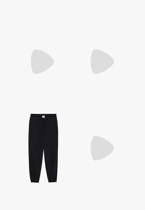 Blue ribbed tank top with a square neckline, fitted design, thick shoulder straps, and a ruched texture, paired with tailored gray trousers.; Black loose-fitting pants with an elastic waistband and adjustable drawstring. Smooth texture with tapered legs and elastic cuffs at the ankles.; Gray suede sneakers with white laces and rubber sole, featuring three diagonal stripes on the side and a logo patch on the tongue.; Sunglasses with an oval shape, clear plastic frame, dark gray lenses, and thin transparent arms featuring logo accents and minimal detailing.