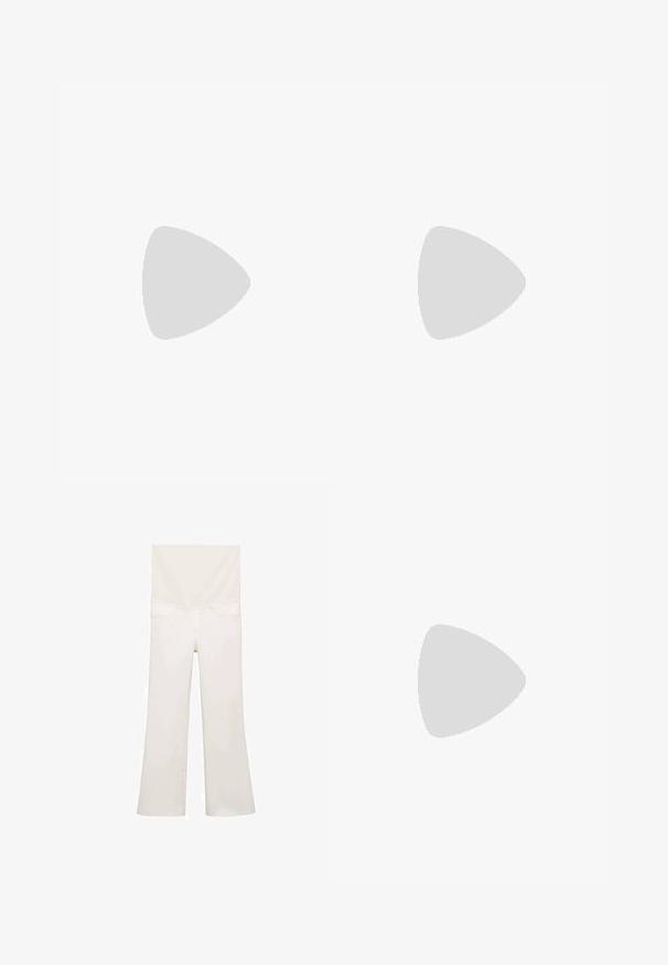 Brown sleeveless top made of stretchy fabric, featuring a fitted design with gathered texture along the sides and a smooth finish at the front.; White flared jeans from the back, featuring a smooth texture, two back pockets, and subtle stitching details along the seams.; Red patent leather flat shoe with a rounded toe, a decorative strap with a circular buckle, and a smooth, glossy finish.; Brown suede tote bag with two shoulder straps, a spacious rectangular shape, and minimalistic design. Soft texture with a smooth finish.