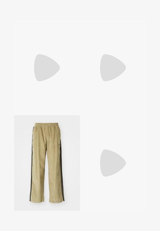 Långärmad ljusgrön bomullströja med en liten logotyp på bröstet och abstrakta mönster längs ärmarna i mörkgrönt.; Beige kordfluwelpants med resårmidja, med svarta sidostråk. Tyget har en ribbad yta och är något utsvängt i nederkant.; Vita lädersneakers med perforerade detaljer, tre metalliska ränder och en strukturerad sidopanel. Bärs med vita strumpor med blå ränder.; Svart korsväska med ett blixtlåstaget huvudfack, framsida ficka, justerbar rem och en synlig logotyp på klaffen.