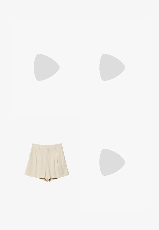 Cream-colored ribbed tank top with adjustable spaghetti straps, front button closure, and a smooth texture. Label is located inside.; Stradivarius FLOWING  - Shorts - stone; Beige clogs with a rounded toe, adjustable buckle accent, and cork footbed. Textured surface with a black rubber sole for grip.; White plastic cat-eye sunglasses featuring gradient brown lenses, an embossed logo detail on the side, and a sleek, angular design.; Beige faux leather handbag with a curved shape, featuring a bow detail on the front and a single adjustable strap. Smooth texture, minimalist design.; Clear and amber resin rings, one smooth and transparent, the other with a textured, amber finish. Both feature rounded, chunky designs.