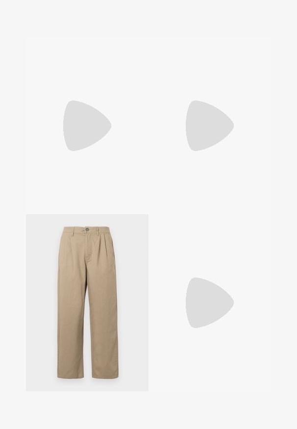 Black t-shirt with a crew neck, featuring a multi-colored graphic of billiard balls and the word "VOLCOM" across the chest.; Beige high-waist trousers with pleats, belt loops, button closure, and straight legs on a white background.; Athletic shoe featuring a light gray mesh upper with suede accents, white laces, and a black rubber sole. Notable ABZORB cushioning detail.; Black sunglasses with a rectangular shape, made of durable plastic, featuring gray tinted lenses and a gold accent on the side.