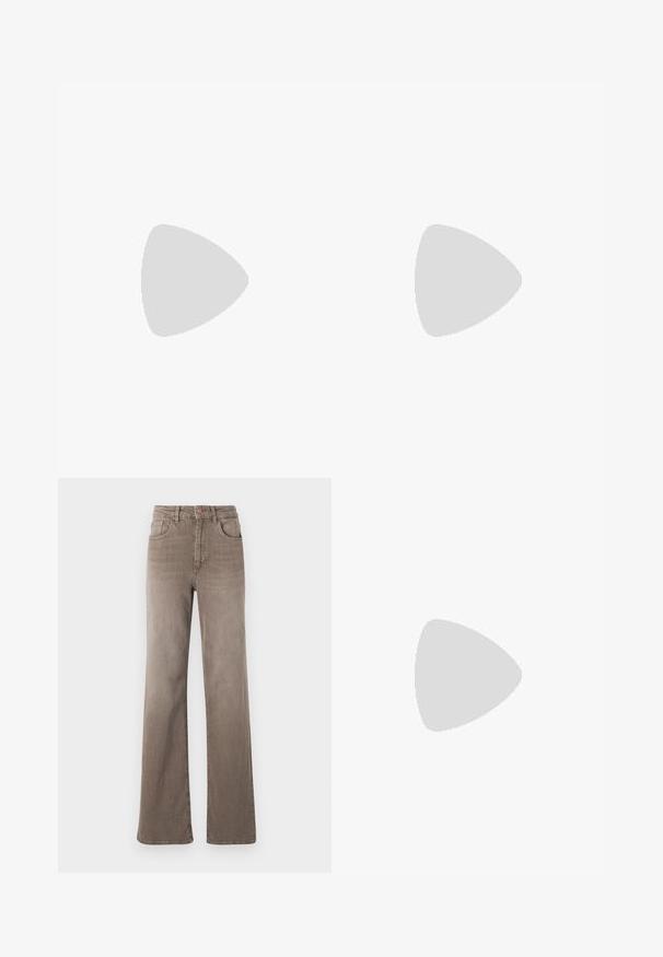 Black cotton t-shirt featuring a central palm tree design, flanked by two leopards, sun, and moon graphics in gold and cream tones.; Brown high-waist straight-leg jeans with front button, belt loops, and classic five-pocket design on a white background.; Black leather pointy-toe pump with an ankle strap and a chunky heel. Flat texture, sleek design, and minimalistic aesthetics.; Brown leather crossbody bag with a curved shape, gold hardware, and a buckle accent. Features a detachable shoulder strap.