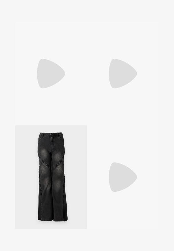Black ribbed tank top featuring multiple crisscross straps at the back. The fabric is smooth with a fitted silhouette and a round neckline.; Black denim jeans with a wide-leg cut, featuring chain accents along the side seams and a button and zip closure at the waist.; Black leather ballet flat with a rounded toe, smooth texture, minimal stitching detail, and a flexible sole design.; Black leather bucket bag with a textured finish, gold hardware accents, and an open top. Features a short handle and adjustable shoulder strap.