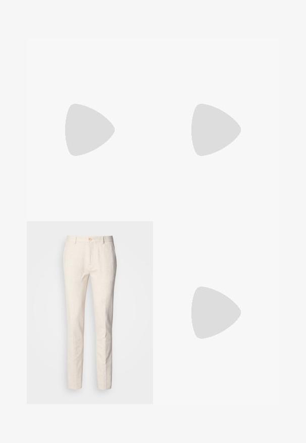 Lys blå bomull t-skjorte med rund hals og korte ermer. Har et lite brodert logo på brystet og en sidelapp.; Lys beige, skreddersydde bukser laget av mykt stoff. Har knappelukking, beltehemper, og en slank, rett ben-design med minimal tekstur.; Lyse beige loafers med spiss tå, glatt materiale, en stropp over vampsen, og en lav brun såle. Enkel design med minimale detaljer.; Beige crossover-veske med en glatt, matt tekstur, rektangulær form, justerbar svart stropp og en frontlomme med glidelås. Merket med "PIER ONE."