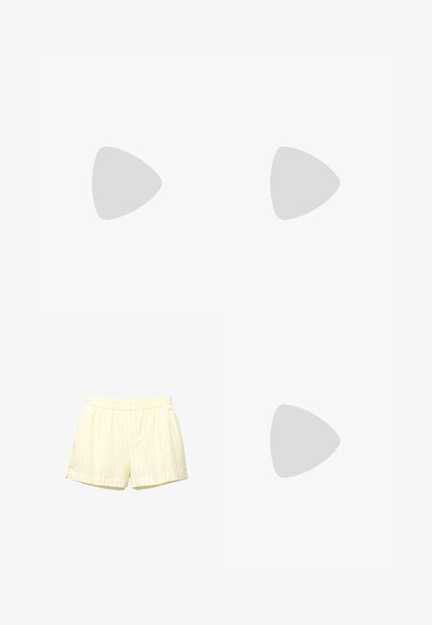 Bluză cu mâneci lungi de culoare galben deschis, cu un finisaj texturat și paiete. Are guler rotund și un fermoar ascuns la spate. Material neted.; Pantaloni scurți cu dungi galbene, confecționați dintr-un material moale, având o talie elastică și două închideri cu buton. Dungile orizontale sunt de culoare galben deschis și alb.; Cizme din daim maro, până la genunchi, cu vârf ascuțit, toc cu grosime și detalii de cusătură pe laturi. Textură fină și design structurat.; Tory Burch ELEANOR SATCHEL - Geantă de mână - wild mushroom