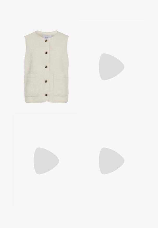 Fleece vest in cream with a round neck, front button closure, and two large patch pockets. Features a textured surface and contrast piping.; Light cream knitted sweater with a crew neck, ribbed cuffs, and hem. Features a textured pattern and dropped shoulders for a relaxed fit.; Dark blue wide-leg jeans made from denim. Features a button closure, stitching details, and side pockets. Flared bottom hem.; Burgundy patent leather ballet flat with a rounded toe, small bow accent at the front, and a low, black rubber sole. Smooth texture.; Olive green faux leather handbag with silver star accent, dual handles, and a zip closure. Textured surface and structured shape.