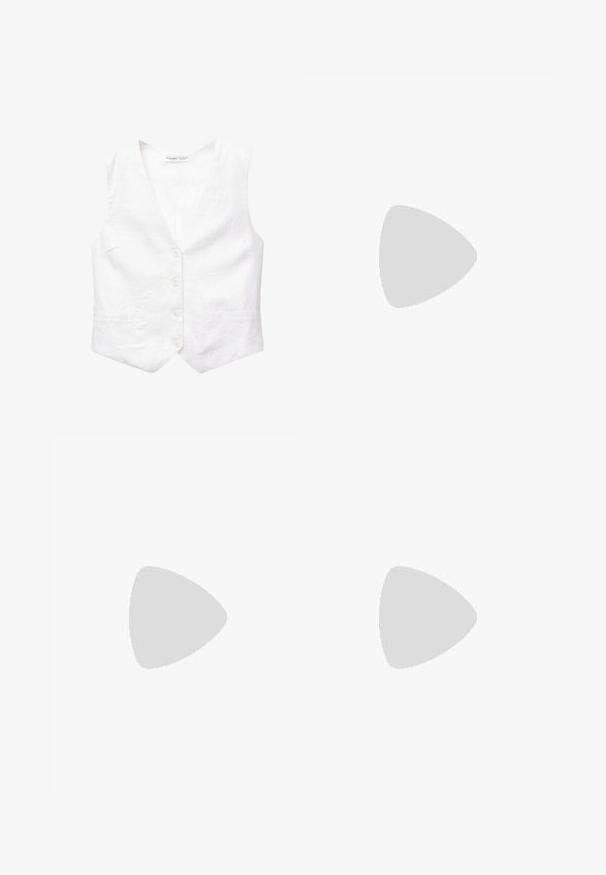 White linen vest with a v-neck, five front buttons, two pockets, and a slightly structured shape. Smooth texture, no patterns or accents.; Navy blue short-sleeve blouse with a deep V-neck, relaxed fit, soft fabric, and a slight curved hem. No patterns or additional details.; Black wide-leg trousers made of lightweight fabric, featuring a front button closure and flat front, with neatly stitched hems.; Sport shoes with a white leather upper, gray suede toe, and three black stripes. Features a blue logo on the tongue and a textured rubber sole.
