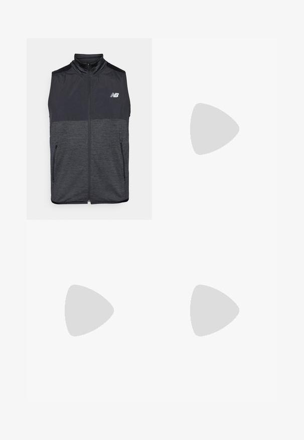Gilet senza maniche zip-up in nero e grigio scuro con colletto alto, due tasche con zip e logo New Balance bianco sul petto sinistro.; Puma RUN FAVORITE AOP SINGLET M - Top - sun stream; Pantaloni da bagno neri realizzati in tessuto leggero, dotati di una cintura elastica con cordino e un sottile motivo testurizzato. Dettagli con logo sul davanti.; Scarpa da corsa nera con tomaia in mesh, accentuata da una striscia rosa nella suola intermedia e una suola grigia. Presenta dettagli testurizzati e un design della suola flessibile.