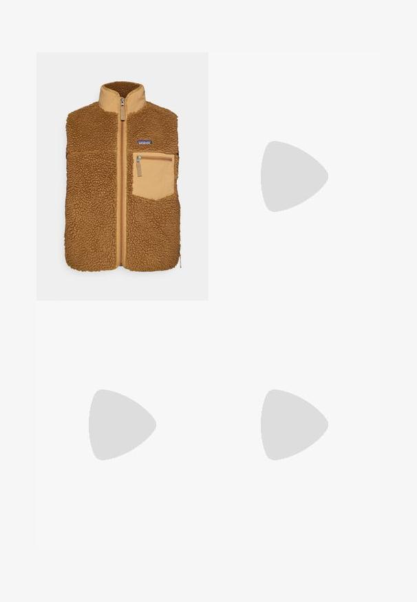 Bruine fleece vest met een hoge kraag, ritssluiting aan de voorkant en een zijzak met rits. Buitenstof op de schouders en een logo patch op de borst.; Zwart Salomon sportshirt met lange mouwen, een ronde hals en zichtbare zijrits zakken op een witte achtergrond.; Patagonia TERREBONNE JOGGERS - Outdoorbroeken - smolder blue; Beige en crème sportschoen met een textuur-mesh bovenwerk, ondersteunende overlays en een rubberen zool met een profielpatroon voor grip.